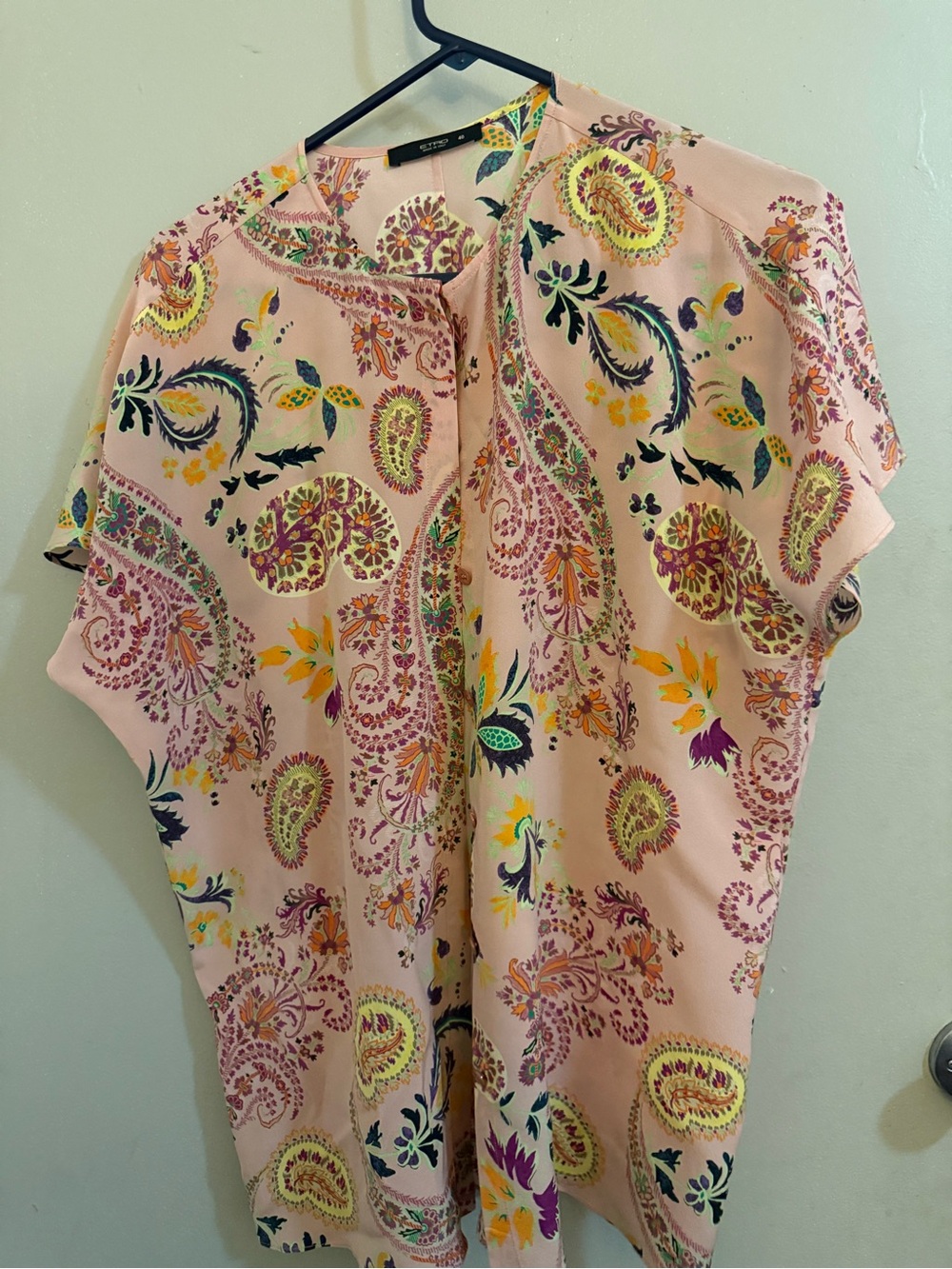 Paisley Print Silk Short-Sleeve Blouse in Soft Pink by Etro EU 40